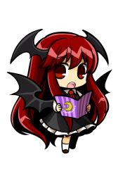 Rule 34 | 1girl, :o, bat wings, black dress, book, chibi, collared shirt, commentary request, crescent, dress, dress shirt, english text, frills, full body, head wings, holding, holding book, koakuma, long hair, long sleeves, looking at viewer, necktie, open book, red eyes, red hair, shirt, shoes, sidelocks, socha, socks, solo, striped, touhou, transparent background, vertical stripes, very long hair, white background, white shirt, wings