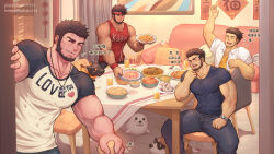 Rule 34 | 4boys, bara, beard, birthday, birthday party, blush, cake, character request, check character, chinese text, clothes writing, dungeon and fighter, facial hair, flat color, food, highres, kulolin, long sideburns, looking at viewer, male focus, male priest (dungeon and fighter), male priest (kulolin), mature male, multiple boys, muscular, muscular male, open clothes, open shirt, original, pov, revision, saint (dungeon and fighter), seal (animal), shirt, short hair, sideburns, tank top, tight clothes, tight shirt, translation request, under table, waving