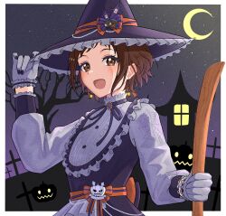 Rule 34 | 1girl, absurdres, bang dream!, broom, brown eyes, brown hair, dress, earrings, frilled dress, frills, gloves, halloween, hand on headwear, hat, hazawa tsugumi, highres, jack-o&#039;-lantern, jewelry, moon, night, nishiki (nishiki4692), open mouth, short hair, smile, solo, star (sky), upper body, witch, witch hat