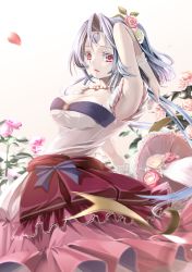 Rule 34 | 1girl, armpits, blue hair, bow, breasts, cleavage, flower, gloves, jewelry, large breasts, long hair, necklace, original, red eyes, ribbon, rose, ryuki@maguro-ex, sleeveless, smile, solo