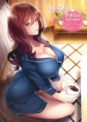 Rule 34 | 1girl, artist name, bed, bed sheet, blue dress, blush, breasts, brown eyes, brown hair, buttons, cactus, carpet, cleavage, closed mouth, coffee, coffee mug, collarbone, comic exe, covered erect nipples, cup, dress, eyelashes, hair between eyes, highres, holding, holding cup, indoors, large breasts, long hair, long sleeves, looking at viewer, mug, nail polish, no bra, non-web source, norizane, original, pillow, pink lips, pink nails, plant, potted plant, short dress, sidelocks, sitting, smile, solo, swept bangs, table, translation request, wooden floor, yokozuwari