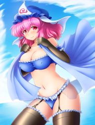 Rule 34 | 1girl, adapted costume, bad id, bad pixiv id, breasts, cloud, day, elbow gloves, covered erect nipples, female focus, garter straps, gloves, hat, lace, lace-trimmed legwear, lace trim, large breasts, ocean, pink hair, red eyes, revision, saigyouji yuyuko, shin&#039;en (gyokuro company), short hair, sky, solo, thighhighs, thighs, touhou, triangular headpiece, water