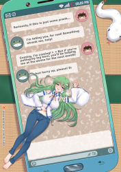 Rule 34 | 1girl, animal print, barefoot, battery indicator, blush, breasts, butterfly print, cellphone, chat log, denim, detached sleeves, english text, exhausted, feet, floor, frog hair ornament, from above, full body, green eyes, green hair, hair between eyes, hair ornament, hakurei reimu, heavy breathing, japanese clothes, jeans, charm (object), kochiya sanae, legs, long hair, lying, miko, mini person, minigirl, open mouth, pants, phone, profile picture, shrinking, smartphone, snake, snake hair ornament, solo, tatami, toenails, toes, touhou, virus-g, wide sleeves