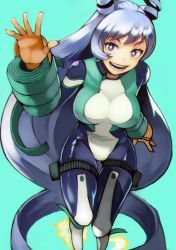 Rule 34 | 10s, 1girl, blue eyes, blue hair, bodysuit, boku no hero academia, breasts, chromatic aberration, gloves, green background, hadou nejire, highres, horns, large breasts, long hair, looking at viewer, open mouth, orange gloves, simple background, smile, solo, teeth, very long hair, yoshio (55level)