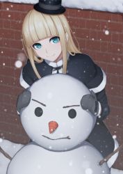 Rule 34 | 1girl, bad id, bad pixiv id, blonde hair, blue eyes, blunt bangs, brick wall, capelet, hat, heisei yutorin, long hair, looking at viewer, mini hat, mini top hat, mittens, original, smile, snow, snowing, snowman, solo, top hat, winter clothes