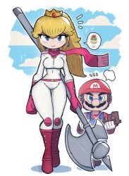 Rule 34 | 1boy, 1girl, absurdres, axe, belt, blonde hair, bodysuit, boots, bowser, breasts, brown hair, crown, facial hair, full body, hat, highres, holding, holding weapon, large breasts, long hair, looking at viewer, mario, mario (series), mustache, nintendo, pink footwear, ponytail, princess peach, scarf, shiny skin, simple background, size difference, sky, standing, the super mario bros. movie, thick thighs, thighs, tony welt, weapon, white background, white bodysuit, wide hips
