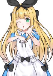 Rule 34 | 1girl, ;o, absurdres, apron, black bow, black ribbon, blonde hair, blue dress, bow, chestnut mouth, collared dress, commentary request, dress, green eyes, hair bow, hair ribbon, hand on own chest, hashiko nowoto, highres, long hair, looking at viewer, maid apron, mononobe alice, mononobe alice (1st costume), nijisanji, one eye closed, parted lips, puffy short sleeves, puffy sleeves, ribbon, short sleeves, simple background, solo, very long hair, virtual youtuber, white apron, white background