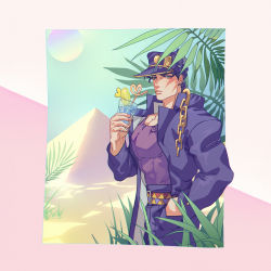 Rule 34 | 1boy, black hair, blue eyes, cocktail glass, cup, desert, drinking, drinking glass, drinking straw, gakuran, hand in pocket, hat, highres, jojo no kimyou na bouken, kuujou joutarou, large pectorals, less end, male focus, muscular, muscular male, palm tree, pectorals, pyramid (structure), school uniform, shirt, sky, solo, stardust crusaders, sun, tight clothes, tight shirt, tree