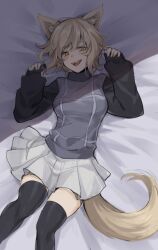 Rule 34 | 1girl, ahoge, animal ear fluff, animal ears, bed sheet, black socks, blonde hair, blush, facing viewer, feet out of frame, from above, grey skirt, hands up, head tilt, knees together feet apart, long bangs, long sleeves, looking to the side, medium hair, miniskirt, on bed, open mouth, orange eyes, pleated skirt, puffy long sleeves, puffy sleeves, raised eyebrows, shadow, skirt, sleeves past wrists, smile, socks, solo, sweater, tail, teeth, thighhighs, turtleneck, turtleneck sweater, upper teeth only, urotsuki, wolf ears, wolf girl, wolf tail, yume 2kki, zahyou233, zettai ryouiki