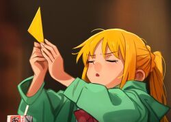 Rule 34 | 1girl, absurdres, arms up, blonde hair, bocchi the rock!, bow, bowtie, closed eyes, commentary, english commentary, fingernails, green jacket, highres, holding, ijichi nijika, jacket, khyle., long hair, long sleeves, meme, open mouth, ponytail, red bow, red bowtie, side ponytail, solo, upper body