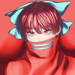 Rule 34 | 1girl, blue bow, bow, cape, commentary request, covered mouth, eyelashes, hair between eyes, hair bow, heshiko disco, highres, looking away, nostrils, portrait, red background, red cape, red eyes, red hair, sanpaku, sekibanki, shadow, short hair, simple background, solo, touhou, upper body, wall