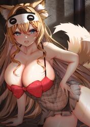 Rule 34 | 1girl, absurdres, animal ear fluff, animal ears, blonde hair, blue eyes, bow, braid, breasts, chemise, cleavage, collarbone, commission, covered navel, fishnets, fox ears, fox girl, fox tail, hair between eyes, hair bun, hand on own hip, highres, indie virtual youtuber, koromo naruru, large breasts, mito soosu, multicolored hair, open mouth, red bow, skeb commission, sleep mask, solo, streaked hair, sweat, tail, two-tone tail, virtual youtuber, white hair, white mask, white tail, yellow tail
