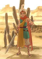 Rule 34 | 1boy, armlet, belt, brown belt, cactus, closed mouth, desert, dragon quest, dragon quest xi, faris (dq11), full body, hand on own hip, hat feather, holding, holding sword, holding weapon, looking at viewer, male focus, orange scarf, pants, sandals, scarf, serori (koredemoka), short hair, smile, solo, sword, weapon, white headwear, white pants