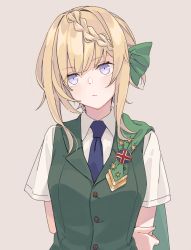 Rule 34 | 1girl, arms behind back, blonde hair, blouse, blue eyes, blue necktie, braid, braided bangs, cape, closed mouth, collared shirt, expressionless, green cape, green ribbon, green vest, grey background, hair ribbon, hand on own arm, highres, ichiroku (sakumogu-029), kantai collection, looking at viewer, necktie, perth (kancolle), ribbon, shirt, short hair with long locks, short sleeves, sidelocks, simple background, solo, upper body, vest, white shirt