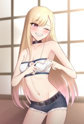 Rule 34 | 1girl, absurdres, bandeau, bare arms, bare shoulders, belt, black belt, black choker, blonde hair, blush, breasts, choker, cleavage, cleavage cutout, clothing cutout, collarbone, commentary request, cosplay, cowboy shot, cutoffs, denim, denim shorts, fate/apocrypha, fate (series), grin, groin, head tilt, heart, heart hands, highres, indoors, kitagawa marin, long hair, looking at viewer, medium breasts, midriff, mordred (fate), mordred (fate/apocrypha), mordred (fate/apocrypha) (cosplay), mordred (memories at trifas) (fate), nail polish, navel, one eye closed, pendreon, pink eyes, pink nails, short shorts, shorts, smile, solo, sono bisque doll wa koi wo suru, spaghetti strap, standing, stomach, very long hair