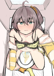 Rule 34 | 1girl, bathroom, blue eyes, blue panties, blush, boots, breasts, brown hair, camisole, clochetteravine, collarbone, detached sleeves, from above, highres, hololive, long hair, long sleeves, looking at viewer, looking up, natsuiro matsuri, navel, open mouth, panties, panties around one ankle, peeing, ponytail, pussy, scrunchie, side ponytail, sitting, small breasts, toilet, toilet use, uncensored, underwear, virtual youtuber, window, yellow camisole, yellow footwear