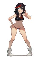 Rule 34 | 1girl, bare shoulders, black sailor collar, black shirt, blue eyes, blue panties, blush, boots, breasts, collarbone, commentary, crop top, dethmaid, english commentary, full body, hair between eyes, hand on own hip, hand up, highres, kill la kill, leaning forward, looking at viewer, matoi ryuuko, medium breasts, medium hair, micro panties, multicolored hair, navel, no pants, panties, red hair, sailor collar, senketsu, shirt, simple background, sleeveless, sleeveless shirt, smile, solo, standing, streaked hair, thighs, two-tone hair, underboob, underwear, v, white background, white footwear