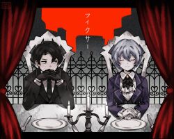 Rule 34 | 1boy, 1girl, 2024, absurdres, angela (project moon), artist logo, black eyes, black gloves, black hair, black jacket, blue coat, blue hair, candelabra, candlestand, chair, closed eyes, closed mouth, coat, collared shirt, curtains, elbows on table, fence, fixer (vocaloid), fork, frilled sleeves, frills, gloves, highres, hirayacreates, jacket, knife, library of ruina, plate, project moon, roland (project moon), shirt, short hair, sitting, smile, white gloves, white shirt