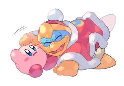 Rule 34 | blue skin, blush, cape, colored skin, closed eyes, falling, gloves, hand on another&#039;s head, happy, hat, hug, king dedede, kirby, kirby (series), lying, lying on person, mutekyan, nintendo, on back, open mouth, simple background, smile, tongue, white background, worried