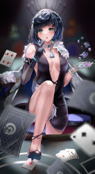 Rule 34 | 1girl, absurdres, ace (playing card), ace of diamonds, ace of hearts, alternate costume, asymmetrical gloves, bare shoulders, black dress, black gloves, black hair, blunt bangs, blurry, blurry background, breasts, card, choker, commentary request, diamond (shape), dice, dress, elbow gloves, fingerless gloves, genshin impact, gloves, green eyes, heart, high heels, highres, holding, indoors, looking at viewer, md5 mismatch, medium breasts, mismatched gloves, parted lips, playing card, resolution mismatch, scup, short dress, short hair, solo, source smaller, white gloves, yelan (genshin impact)