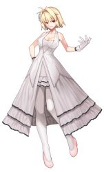 Rule 34 | 1girl, absurdres, arcueid brunestud, blonde hair, breasts, cleavage, collarbone, dress, full body, gloves, grin, hair intakes, hair ornament, hand on own hip, high heels, highres, large breasts, nightgown, pantyhose, pumps, red eyes, short hair, smile, solo, transparent background, tsukihime, white dress, white footwear, white gloves, white pantyhose, z1004ero