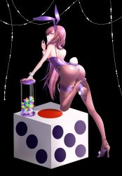 Rule 34 | 1girl, animal ears, ass, breasts, detached collar, dice, doc.lnn, fake animal ears, fate/grand order, fate (series), fishnet pantyhose, fishnets, high heels, large breasts, leotard, long hair, official alternate costume, pantyhose, playboy bunny, purple hair, rabbit ears, rabbit tail, red eyes, saint quartz (fate), scathach (fate), scathach (piercing bunny) (fate), strapless, strapless leotard, tail, wrist cuffs