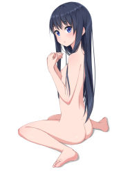 Rule 34 | 1girl, ass, barefoot, black hair, blue eyes, breasts, feet, full body, highres, kimagure blue, long hair, md5 mismatch, nipples, nude, original, simple background, small breasts, solo, toes