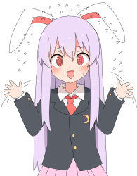 Rule 34 | 1girl, @ @, animal ears, blush, buttons, collared jacket, collared shirt, commentary request, crescent, crescent pin, flying sweatdrops, grey jacket, hair between eyes, hands up, highres, jacket, light purple hair, long hair, long sleeves, looking at viewer, necktie, nervous, nihohohi, open mouth, pink skirt, purple hair, rabbit ears, red eyes, red necktie, reisen udongein inaba, shirt, simple background, skirt, smile, solo, standing, sweat, sweatdrop, tongue, touhou, white background, white shirt