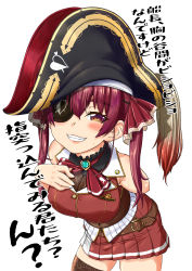 Rule 34 | 1girl, absurdres, bare shoulders, blush, breasts, cleavage, eyepatch, hair ribbon, hat, highres, hololive, houshou marine, long hair, looking at viewer, medium breasts, moroyan, open mouth, red eyes, red hair, red ribbon, ribbon, see-through, see-through cleavage, simple background, smile, solo, thighhighs, translation request, twintails, virtual youtuber, white background, yellow eyes