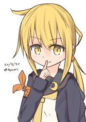 Rule 34 | 1girl, artist request, blonde hair, crescent, crescent pin, dated, finger to mouth, highres, jacket, kantai collection, long hair, looking at viewer, sailor collar, satsuki (kancolle), satsuki kai ni (kancolle), school uniform, serafuku, simple background, solo, twintails, twitter username, white background, yellow eyes, yellow neckwear