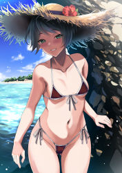 Rule 34 | 1girl, bad id, bad twitter id, bare arms, bare legs, bare shoulders, bikini, black hair, blush, breasts, collarbone, cowboy shot, day, flower, front-tie bikini top, front-tie top, gluteal fold, green eyes, groin, hat, hat flower, highres, kantai collection, kyogoku shin, mogami (kancolle), navel, ocean, red bikini, red flower, shore, short hair, side-tie bikini bottom, small breasts, smile, solo, sun hat, swimsuit