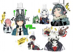 2boys 5girls anastella_(zenless_zone_zero) animal_ears bangboo_(zenless_zone_zero) black_hair cat_boy cat_ears closed_eyes closed_mouth drusilla_(zenless_zone_zero) ellen_joe fins fish_tail fox_ears fox_girl glasses green_hair hoshimi_miyabi jane_doe_(zenless_zone_zero) long_hair mina_(mina_st4r) mouse_ears mouse_girl multiple_boys multiple_girls pink_hair qingyi_(zenless_zone_zero) red_eyes seth_lowell shark_girl shark_tail short_hair simple_background tail tsukishiro_yanagi von_lycaon white_background white_hair zenless_zone_zero