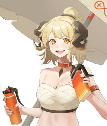 Rule 34 | 1girl, :d, absurdres, arknights, arm strap, bare shoulders, blonde hair, breasts, choker, cleavage, commentary request, half updo, highres, holding, horns, ifrit (arknights), ifrit (sunburn) (arknights), looking at viewer, midriff, nail polish, official alternate costume, open mouth, orange choker, orange nails, short hair, simple background, smile, solo, strapless, tube top, upper body, white background, yellow eyes, younideyifengxin