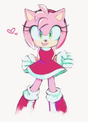 Rule 34 | 1girl, ame (beeames), amy rose, animal ears, animal nose, bare shoulders, boots, bracelet, breasts, commentary, dress, english commentary, eyelashes, furry, furry female, gloves, gold bracelet, green eyes, hairband, hands up, heart, hedgehog ears, hedgehog girl, highres, jewelry, looking at viewer, medium breasts, open mouth, pink dress, pink footwear, pink fur, pink hairband, sketch, sleeveless, sleeveless dress, smile, solo, sonic (series), standing, tongue, white gloves