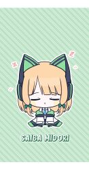 Rule 34 | 1girl, :o, animal ear headphones, animal ears, black shorts, blonde hair, blue archive, blue necktie, bow, character name, chibi, closed eyes, collared shirt, diagonal stripes, facing viewer, fake animal ears, full body, green background, green bow, green footwear, hair bow, headphones, highres, jacket, long sleeves, midori (blue archive), necktie, outline, parted lips, seno (senohime), shirt, shoes, shorts, sidelocks, sitting, sleeping, sleeves past fingers, sleeves past wrists, solo, striped, striped background, suspender shorts, suspenders, white jacket, white outline, white shirt, wide sleeves, zzz