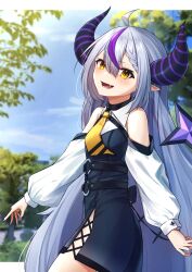 Rule 34 | 1girl, ahoge, bare shoulders, black horns, black nails, braid, braided bangs, detached sleeves, fang, grey hair, highres, hololive, horns, la+ darknesss, la+ darknesss (1st costume), long hair, looking at viewer, multicolored hair, nishiuji, o-ring, open mouth, pointy ears, purple hair, smile, solo, streaked hair, striped horns, virtual youtuber