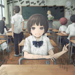 Rule 34 | black hair, blonde hair, bow, bowtie, brown hair, bulletin board, chalkboard, classroom, clock, commentary request, desk, ears visible through hair, hecatoncheir, highres, long hair, multicolored neckwear, open mouth, red hair, school, school desk, school uniform, shirt, short hair, short sleeves, sitting, smile, solo focus, standing, striped bow, striped bowtie, striped clothes, striped neckwear, tisshu (karutamo), translation request, white footwear, white shirt, yajirushi (chanoma)