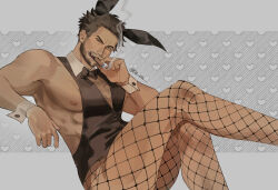 Rule 34 | 1boy, abs, animal ears, ass, beard, black vest, bow, bowtie, brown hair, chest hair, cigar, commentary, crossed legs, detached collar, facial hair, fake animal ears, fishnet pantyhose, fishnets, heart, highres, holding, large pectorals, lia ria, looking at viewer, male focus, male playboy bunny, marvel, muscular, muscular male, nipples, pantyhose, pectorals, rabbit ears, short hair, sitting, smoke, smoking, solo, symbol-only commentary, thighs, vest, wolverine (x-men), wrist cuffs, x-men