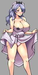 Rule 34 | 1girl, absurdres, bare shoulders, blush, breasts, camilla (fire emblem), cleavage, dress, fire emblem, fire emblem fates, fire emblem heroes, grey background, hair ornament, highres, large breasts, lifting own clothes, long hair, nintendo, parted lips, purple eyes, purple hair, simple background, sole gem, solo, strapless, strapless dress