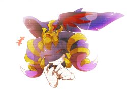 Rule 34 | +++, 1boy, blue wings, claws, clenched hand, closed eyes, disembodied limb, gloves, gold headband, grin, hand on own chin, horns, kirby (series), large horns, magolor, magolor soul, male focus, master crown, nintendo, no humans, open mouth, purple horns, rayman limbs, red eyes, shirushiki, smile, solo, teeth, white background, white gloves, wings