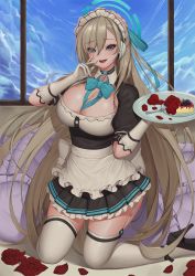 Rule 34 | 1girl, apron, aqua eyes, asuna (blue archive), baeg mi, between breasts, blue archive, bow, bowtie, breasts, choker, cleavage, collar, dessert, elbow gloves, flower, food, gloves, halo, hand to own mouth, hand up, headgear, highres, huge breasts, kneeling, large breasts, legs apart, long hair, looking at viewer, maid, maid apron, maid headdress, mole, mole on breast, necktie, necktie between breasts, plate, rose, solo, thick thighs, thighhighs, thighs, very long hair, white thighhighs