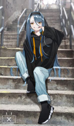 Rule 34 | 1girl, absurdres, between legs, black footwear, black hoodie, black ribbon, blue hair, blue pants, boots, fangs, full body, grin, hair between eyes, hair flowing over, hair ribbon, hair strand, hairband, hand between legs, highres, hood, hood down, hoodie, knee up, long hair, long sleeves, looking at viewer, mouth pull, original, outdoors, pants, pants rolled up, railing, ribbon, sitting, sitting on stairs, sleeves past wrists, smile, solo, stairs, the cold, very long hair, yellow eyes