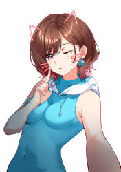 Rule 34 | 1girl, absurdres, animal ears, bare arms, bare shoulders, blue bow, blue leotard, blue nails, blush, bow, bow earrings, breasts, brown hair, cat ears, covered navel, drawstring, earrings, face filter, fake animal ears, finger to cheek, highres, higuchi madoka, hood, hood down, hooded leotard, idolmaster, idolmaster shiny colors, jewelry, leotard, looking at viewer, medium breasts, mole, mole under eye, nail polish, nonbire, one-hour drawing challenge, one eye closed, outstretched arm, parted lips, purple eyes, selfie, short hair, simple background, solo, swept bangs, upper body, whiskers, white background