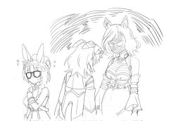 Rule 34 | 3girls, anger vein, animal ears, beret, blank eyes, braid, clothing cutout, commentary, crown braid, ear covers, flying sweatdrops, fukuro (maruaru00), glasses, greyscale, hat, highres, hishi miracle (umamusume), horse ears, horse girl, horse tail, long hair, medium hair, monochrome, multiple girls, opaque glasses, rivals, short hair, side braid, sketch, stare down, tail, tail through clothes, tap dance city (umamusume), umamusume, v-shaped eyes, zenno rob roy (umamusume)