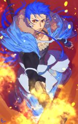 Rule 34 | 1boy, angry, blue hair, bracelet, capelet, cu chulainn (caster) (fate), cu chulainn (fate), cu chulainn (fate/stay night), earrings, fate/grand order, fate (series), fire, floating hair, foreshortening, fur-trimmed hood, fur trim, holding, holding staff, hood, hood down, hooded capelet, iz izhara, jewelry, long hair, male focus, red eyes, signature, solo, spiked hair, staff, type-moon