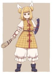 Rule 34 | 1girl, ankle boots, armor, armored dress, black footwear, blonde hair, boots, border, bow, brown background, clenched hand, closed mouth, club (weapon), commentary, double bun, dress, full body, hair bow, hand up, haniwa (statue), holding, holding weapon, joutouguu mayumi, legs apart, looking at viewer, medium hair, pants, poronegi, puffy pants, puffy short sleeves, puffy sleeves, shirt, short sleeves, simple background, smile, solo, standing, touhou, vambraces, weapon, white border, white pants, white shirt, yellow dress, yellow eyes
