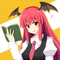 Rule 34 | 1girl, :o, bat wings, black vest, blush, book, breasts, collared shirt, commentary request, dress shirt, hair between eyes, head tilt, head wings, heart, holding, holding book, juliet sleeves, koakuma, long hair, long sleeves, looking at viewer, maisaka, medium breasts, necktie, open book, puffy sleeves, red eyes, red hair, red neckwear, shirt, sidelocks, simple background, touhou, upper body, vest, white background, white shirt, wings, yellow background
