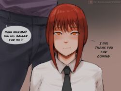 Rule 34 | 1boy, 1girl, black necktie, chainsaw man, closed mouth, english text, highres, looking at viewer, makima (chainsaw man), necktie, orange eyes, pants, paranoid.droid, red hair, ringed eyes, shirt, sidelocks, speech bubble, white shirt
