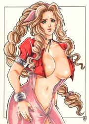 Rule 34 | 1990s (style), aerith gainsborough, bracelet, breasts, choker, cropped jacket, dress, final fantasy, final fantasy vii, green eyes, jacket, jewelry, large breasts, lips, open clothes, open dress