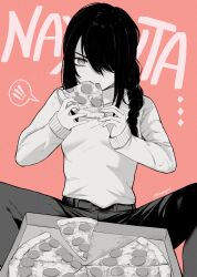 Rule 34 | 1girl, absurdres, black hair, braid, braided ponytail, chainsaw man, character name, food, food in mouth, greyscale with colored background, hair over one eye, hair over shoulder, highres, holding, holding food, holding pizza, looking at another, masoq, medium hair, monochrome, nayuta (chainsaw man), pink background, pizza, pizza box, ringed eyes, simple background, solo, sweater, twitter username